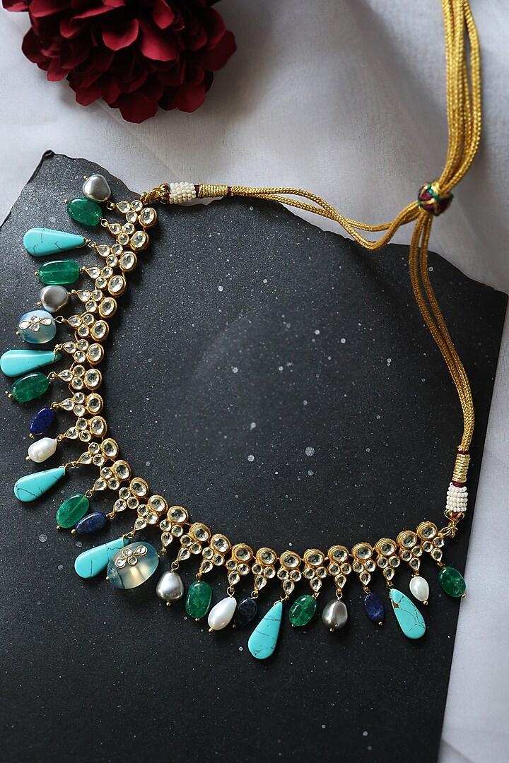 Gold Plated Kundan Polki & Multi-Colored Natural Stone Choker Necklace by Do Taara at Pernia's Pop Up Shop