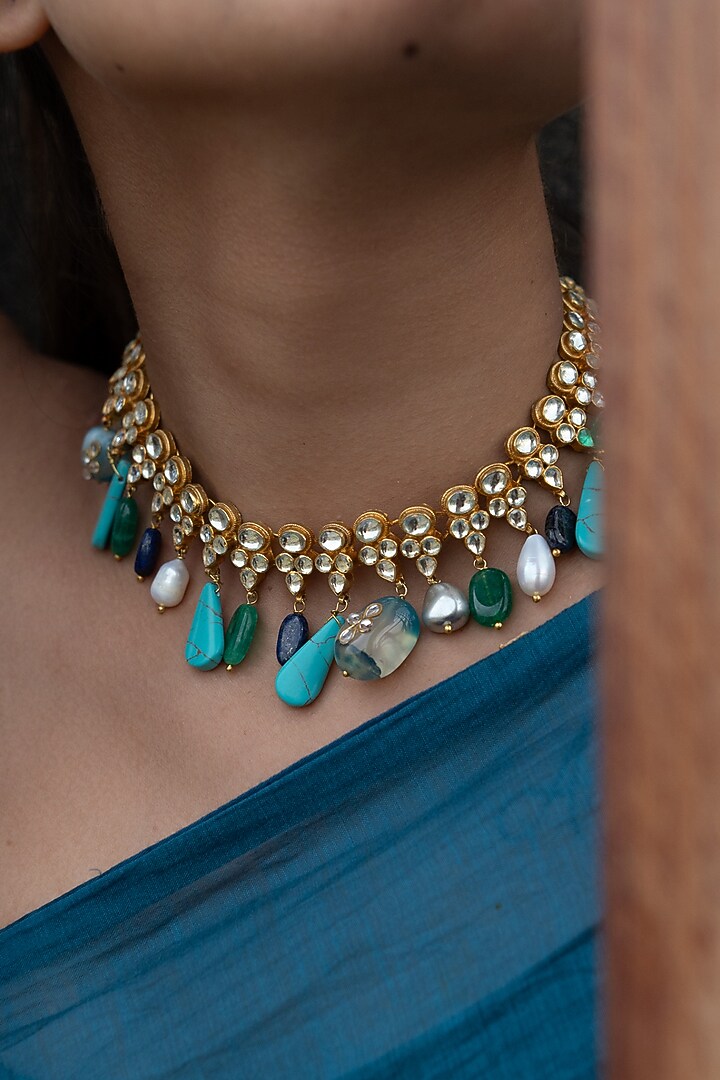 Gold Plated Kundan Polki & Multi-Colored Natural Stone Choker Necklace by Do Taara at Pernia's Pop Up Shop