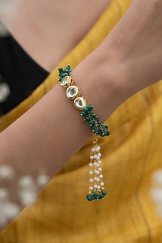 Gold Plated Kundan Polki & Green Onyx Bracelet by Do Taara