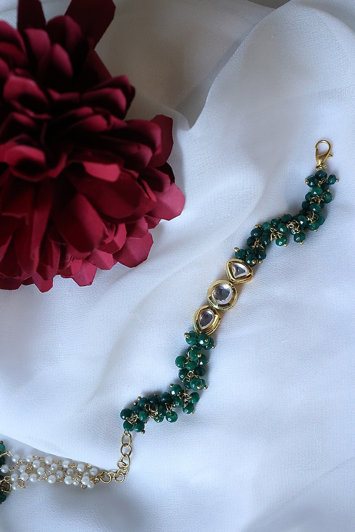 Gold Plated Kundan Polki & Green Onyx Bracelet by Do Taara at Pernia's Pop Up Shop