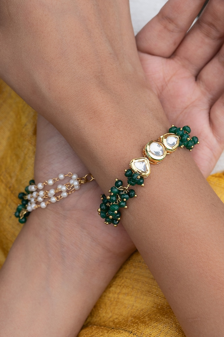 Gold Plated Kundan Polki & Green Onyx Bracelet by Do Taara at Pernia's Pop Up Shop