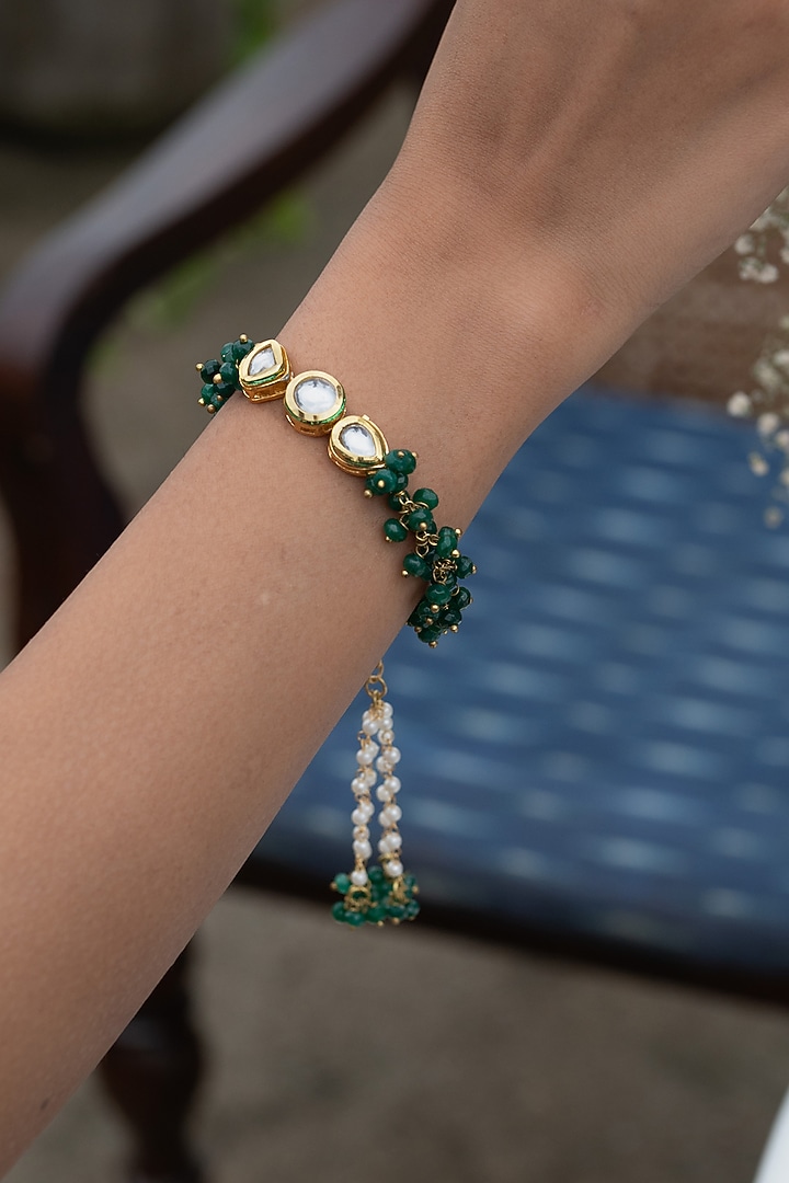 Gold Plated Kundan Polki & Green Onyx Bracelet by Do Taara at Pernia's Pop Up Shop
