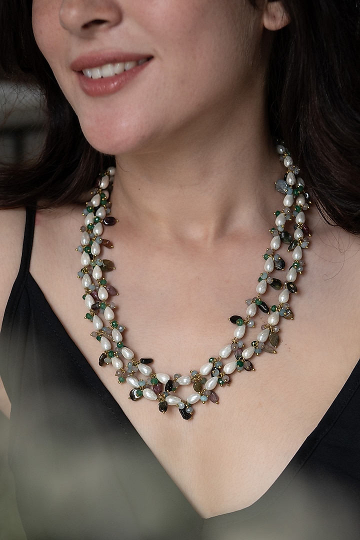 Gold Plated Natural Stone & Rice Pearl Layered Necklace by Do Taara at Pernia's Pop Up Shop