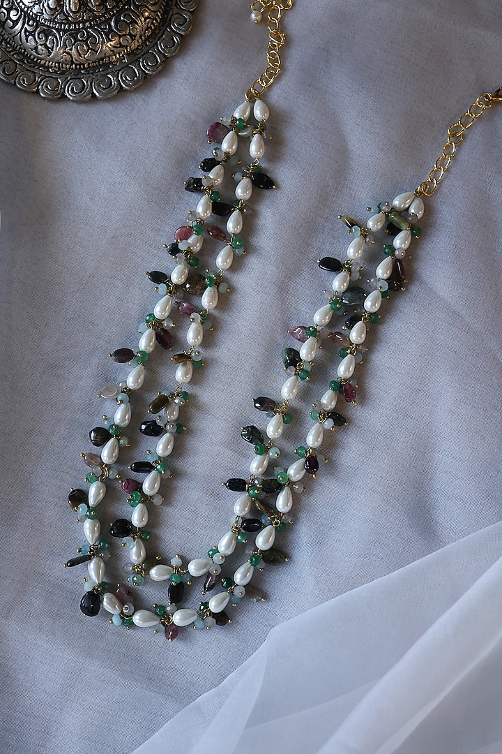 Gold Plated Natural Stone & Rice Pearl Layered Necklace by Do Taara at Pernia's Pop Up Shop