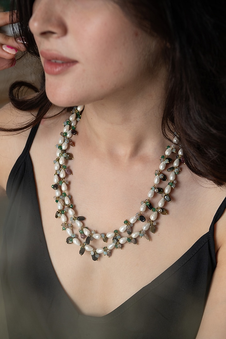 Gold Plated Natural Stone & Rice Pearl Layered Necklace by Do Taara at Pernia's Pop Up Shop