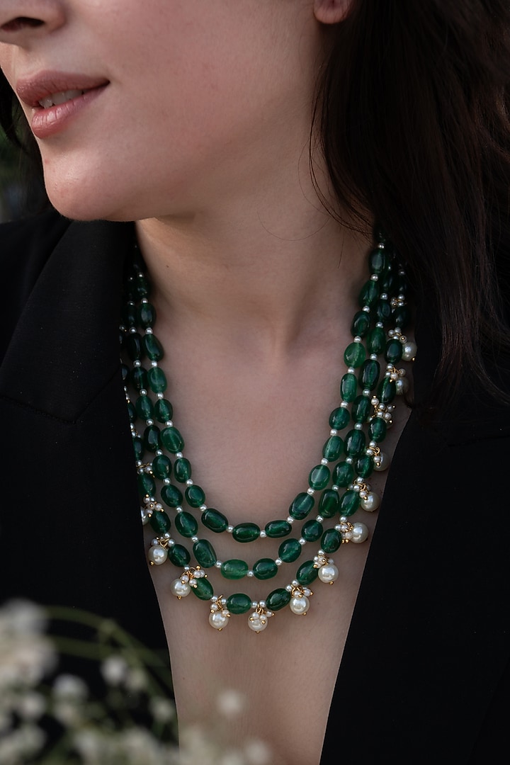 Gold Plated Natural Stone & Rice Pearl Layered Necklace by Do Taara at Pernia's Pop Up Shop