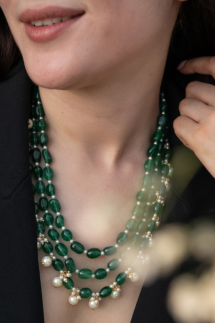 Gold Plated Natural Stone & Rice Pearl Layered Necklace by Do Taara at Pernia's Pop Up Shop