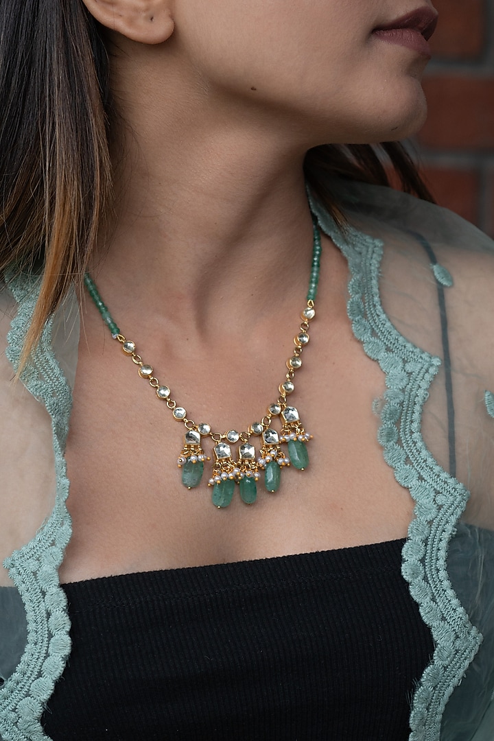 Gold Plated Mint Natural Stone & Pearl Long Necklace by Do Taara at Pernia's Pop Up Shop
