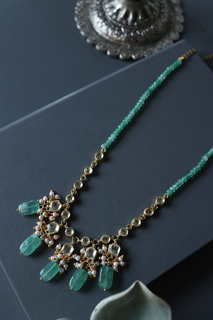 Gold Plated Mint Natural Stone & Pearl Long Necklace by Do Taara at Pernia's Pop Up Shop