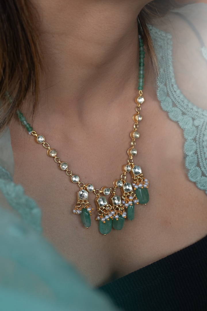 Gold Plated Mint Natural Stone & Pearl Long Necklace by Do Taara at Pernia's Pop Up Shop