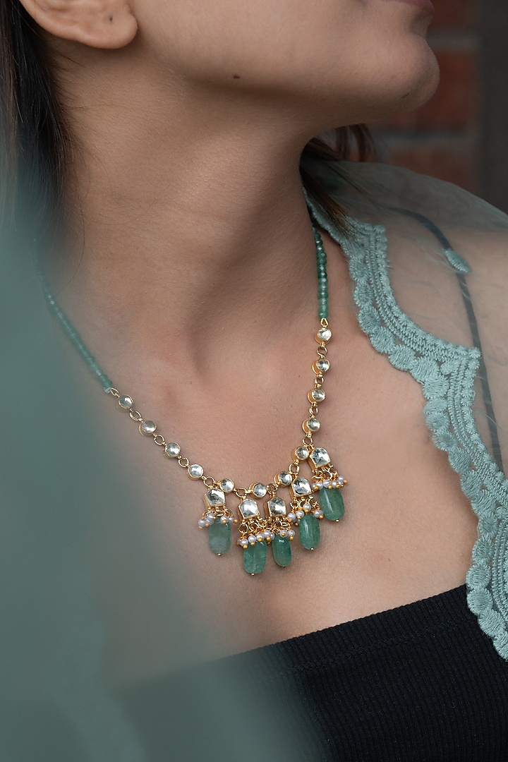 Gold Plated Mint Natural Stone & Pearl Long Necklace by Do Taara at Pernia's Pop Up Shop