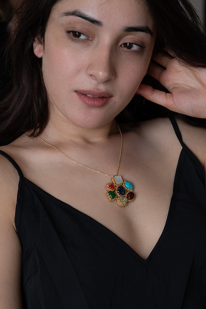 Gold Plated Multi-Colored Stone Pendant Necklace by Do Taara at Pernia's Pop Up Shop