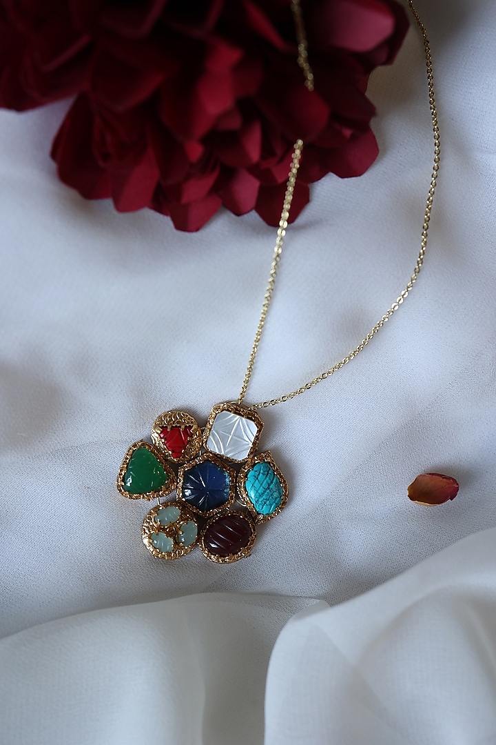 Gold Plated Multi-Colored Stone Pendant Necklace by Do Taara at Pernia's Pop Up Shop