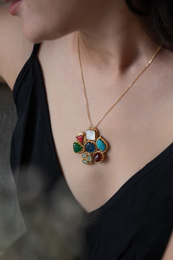 Gold Plated Multi-Colored Stone Pendant Necklace by Do Taara at Pernia's Pop Up Shop