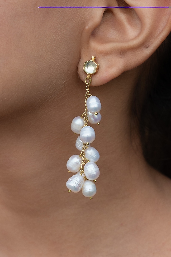 Gold Plated Kundan Polki & Pearl Dangler Earrings by Do Taara at Pernia's Pop Up Shop