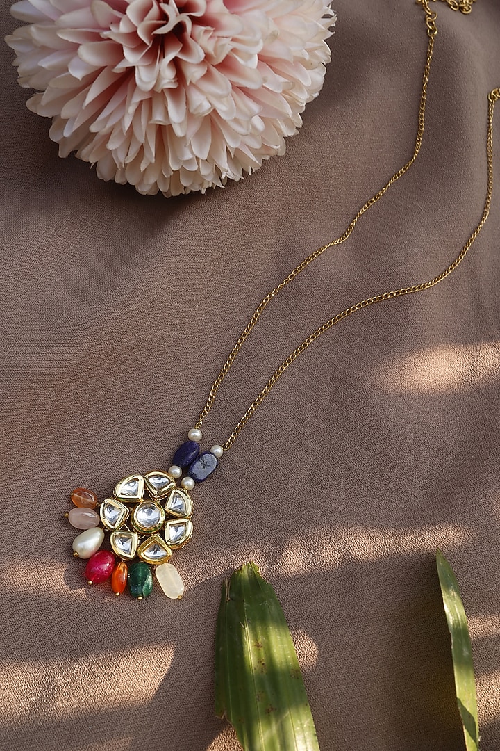 Gold Plated Kundan Polki & Multi-Colored Natural Stone Pendant Necklace by Do Taara at Pernia's Pop Up Shop