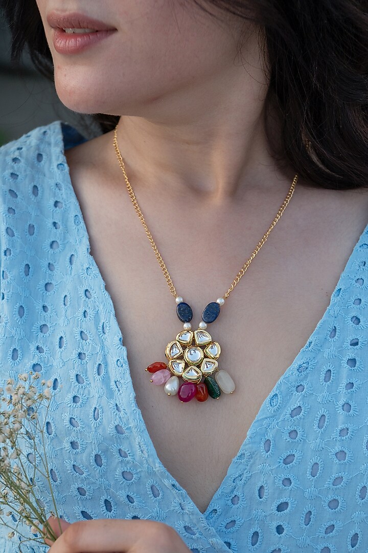 Gold Plated Kundan Polki & Multi-Colored Natural Stone Pendant Necklace by Do Taara at Pernia's Pop Up Shop