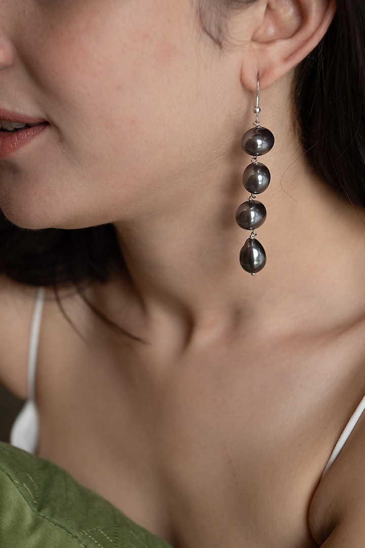 Black Rhodium Finish Pearl Dangler Earrings by Do Taara at Pernia's Pop Up Shop