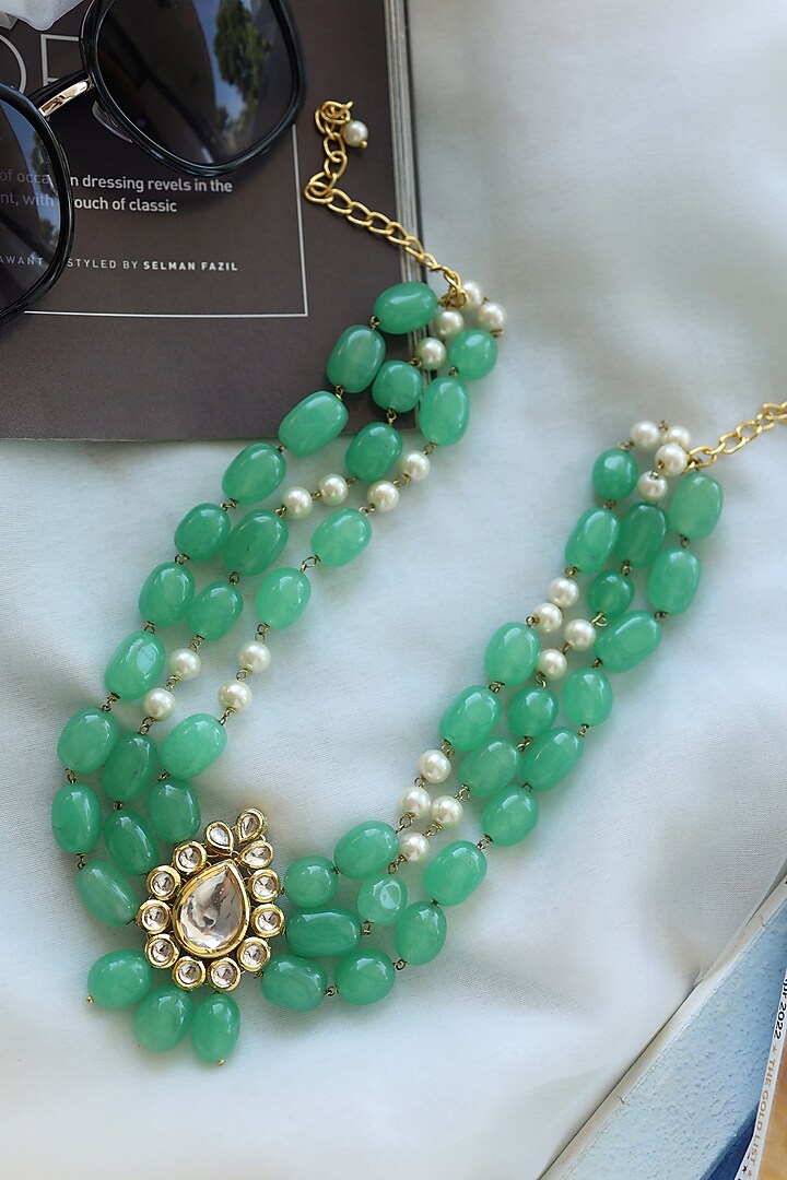 Gold Plated Natural Stone & Kundan Polki Necklace by Do Taara at Pernia's Pop Up Shop