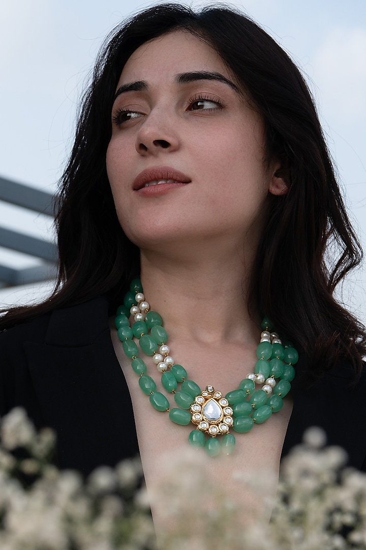 Gold Plated Natural Stone & Kundan Polki Necklace by Do Taara at Pernia's Pop Up Shop