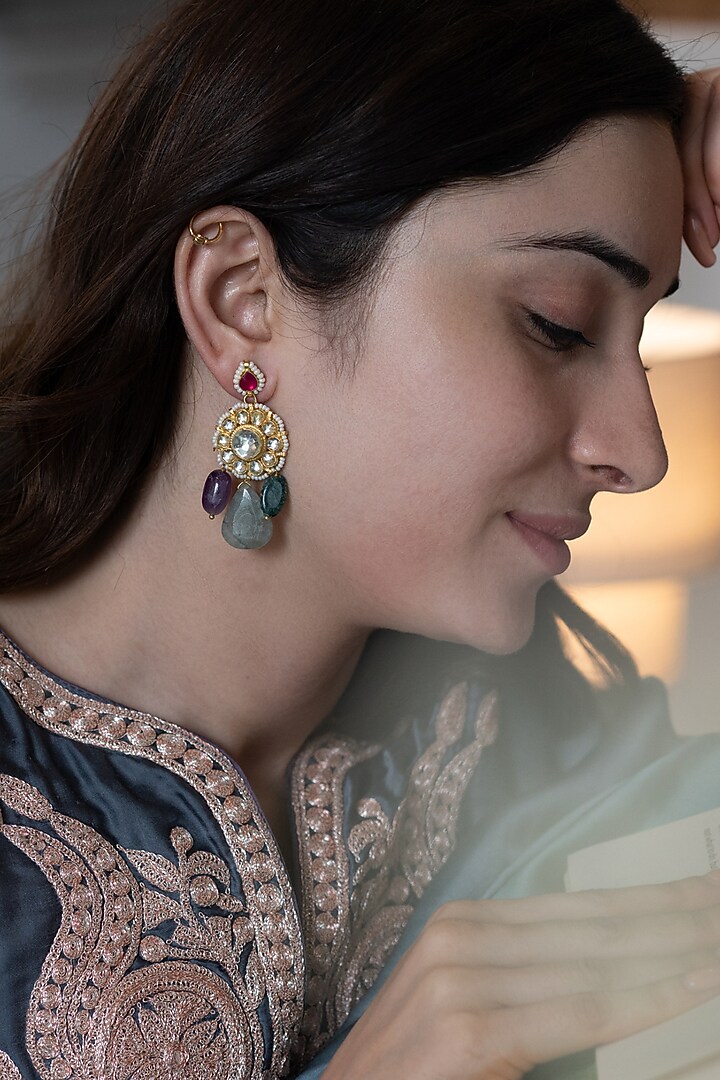 Gold Plated Kundan Polki & Pearl Dangler Earrings by Do Taara at Pernia's Pop Up Shop