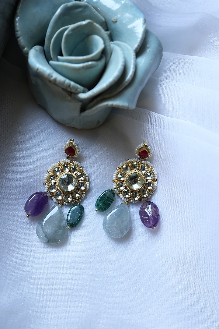 Gold Plated Kundan Polki & Pearl Dangler Earrings by Do Taara at Pernia's Pop Up Shop
