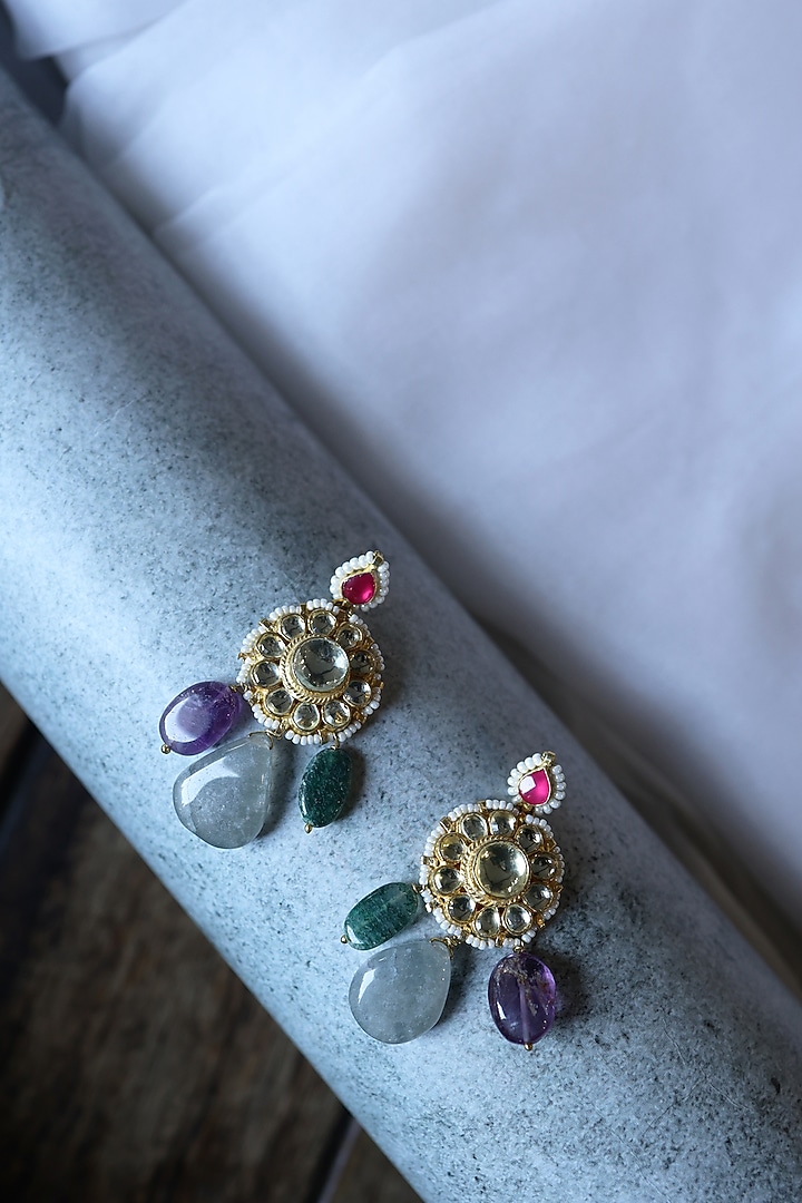 Gold Plated Kundan Polki & Pearl Dangler Earrings by Do Taara at Pernia's Pop Up Shop