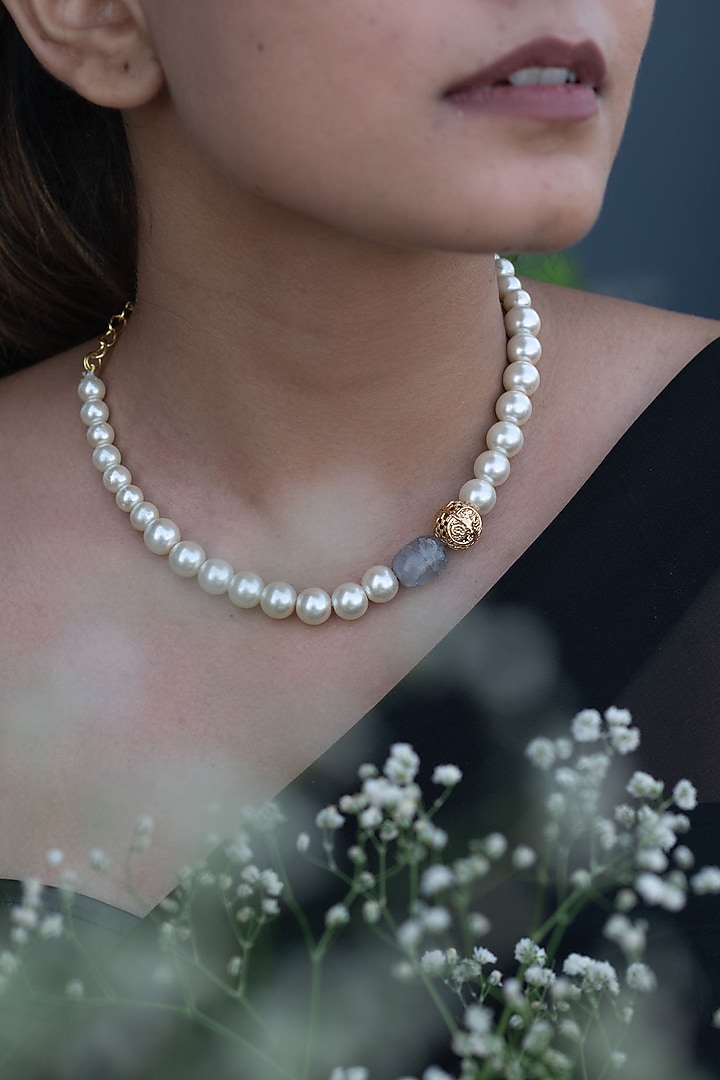 Gold Plated Natural Stone & Freshwater Pearl Necklace by Do Taara at Pernia's Pop Up Shop