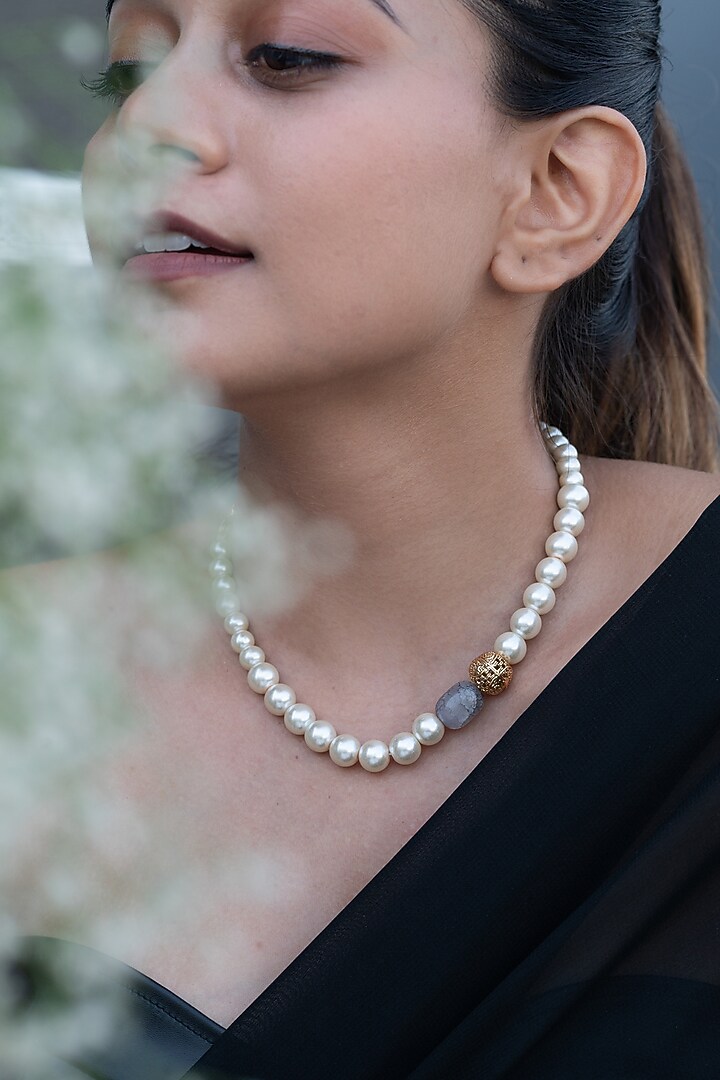 Gold Plated Natural Stone & Freshwater Pearl Necklace by Do Taara at Pernia's Pop Up Shop