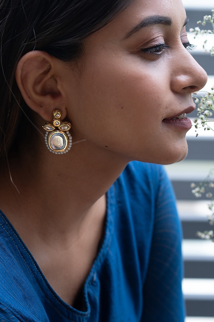 Gold Plated Kundan Polki & Pearl Dangler Earrings by Do Taara at Pernia's Pop Up Shop