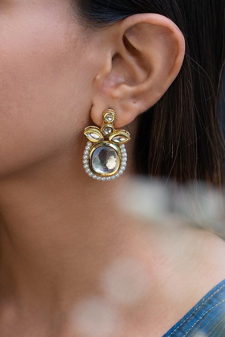 Gold Plated Kundan Polki & Pearl Dangler Earrings by Do Taara at Pernia's Pop Up Shop