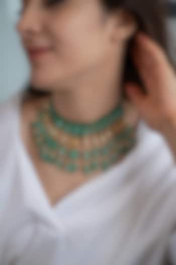 Gold Plated Kundan Polki & Mint Natural Stone Choker Necklace by Do Taara at Pernia's Pop Up Shop