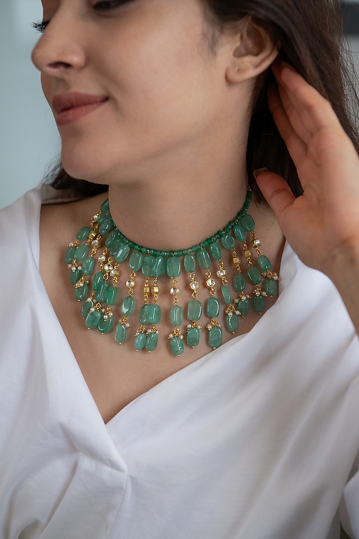 Gold Plated Kundan Polki & Mint Natural Stone Choker Necklace by Do Taara at Pernia's Pop Up Shop