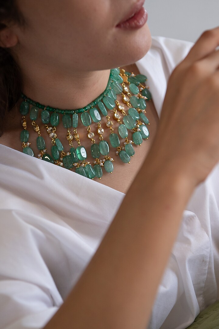 Gold Plated Kundan Polki & Mint Natural Stone Choker Necklace by Do Taara at Pernia's Pop Up Shop