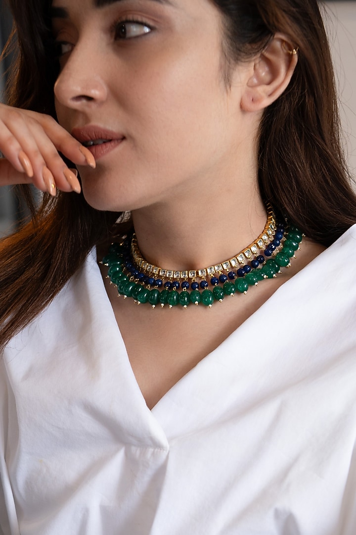 Gold Plated Kundan Polki & Natural Stone Choker Necklace by Do Taara at Pernia's Pop Up Shop