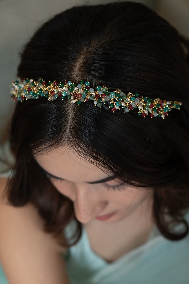 Gold Plated Kundan Polki & Multi-Colored Onyx Headband by Do Taara at Pernia's Pop Up Shop