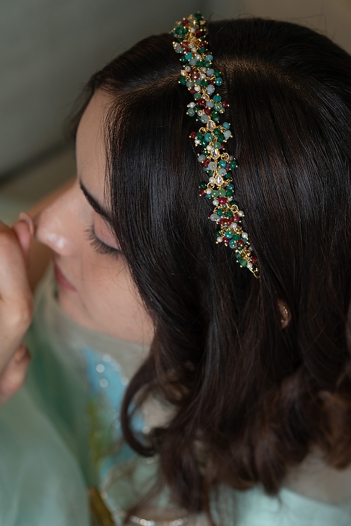 Gold Plated Kundan Polki & Multi-Colored Onyx Headband by Do Taara at Pernia's Pop Up Shop