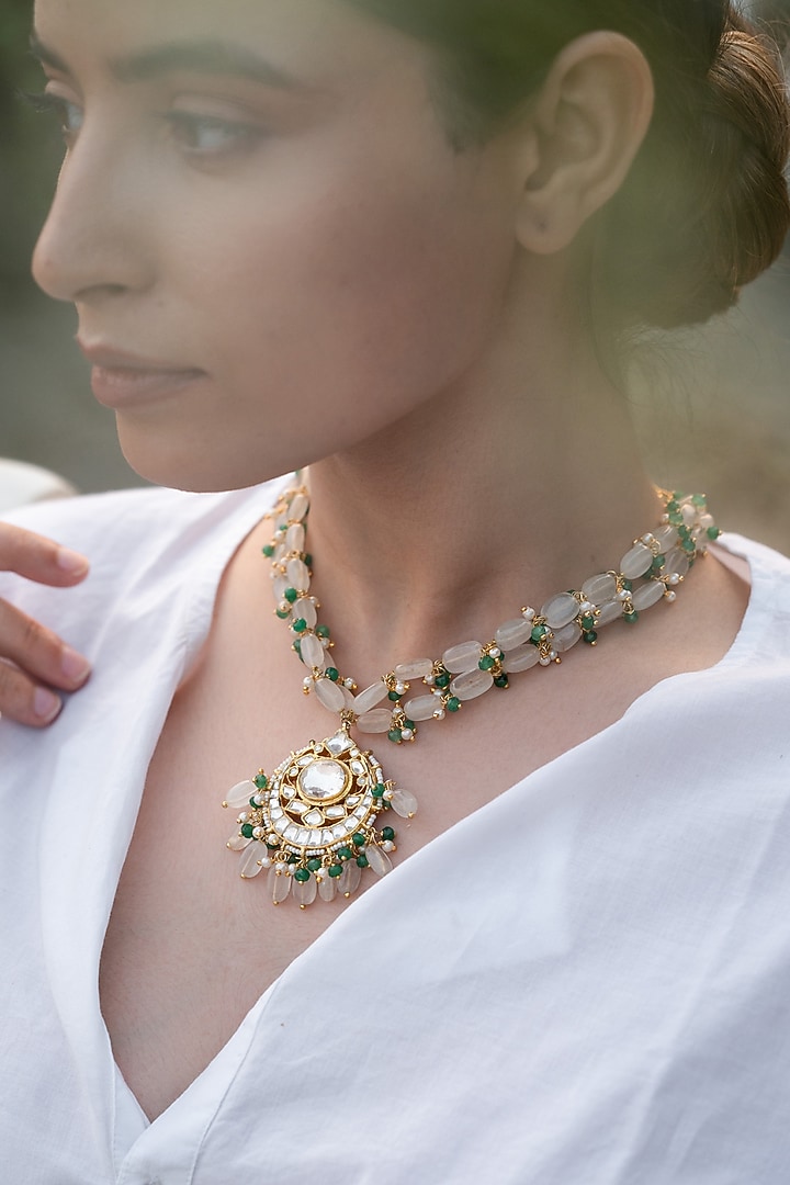 Gold Plated Kundan Polki & Natural Stone Necklace by Do Taara at Pernia's Pop Up Shop
