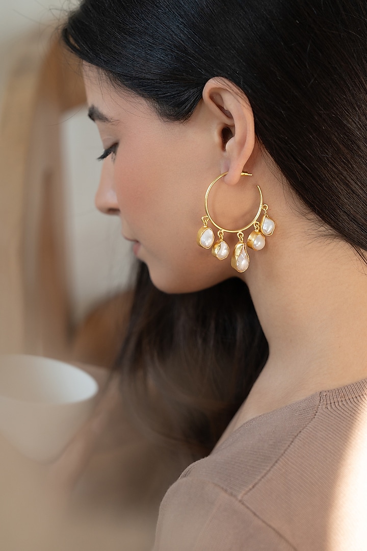 Gold Plated Baroque Pearl Dangler Earrings by Do Taara at Pernia's Pop Up Shop