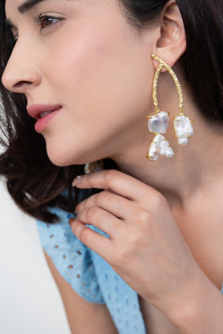 Gold Plated Baroque Pearl Dangler Earrings by Do Taara at Pernia's Pop Up Shop