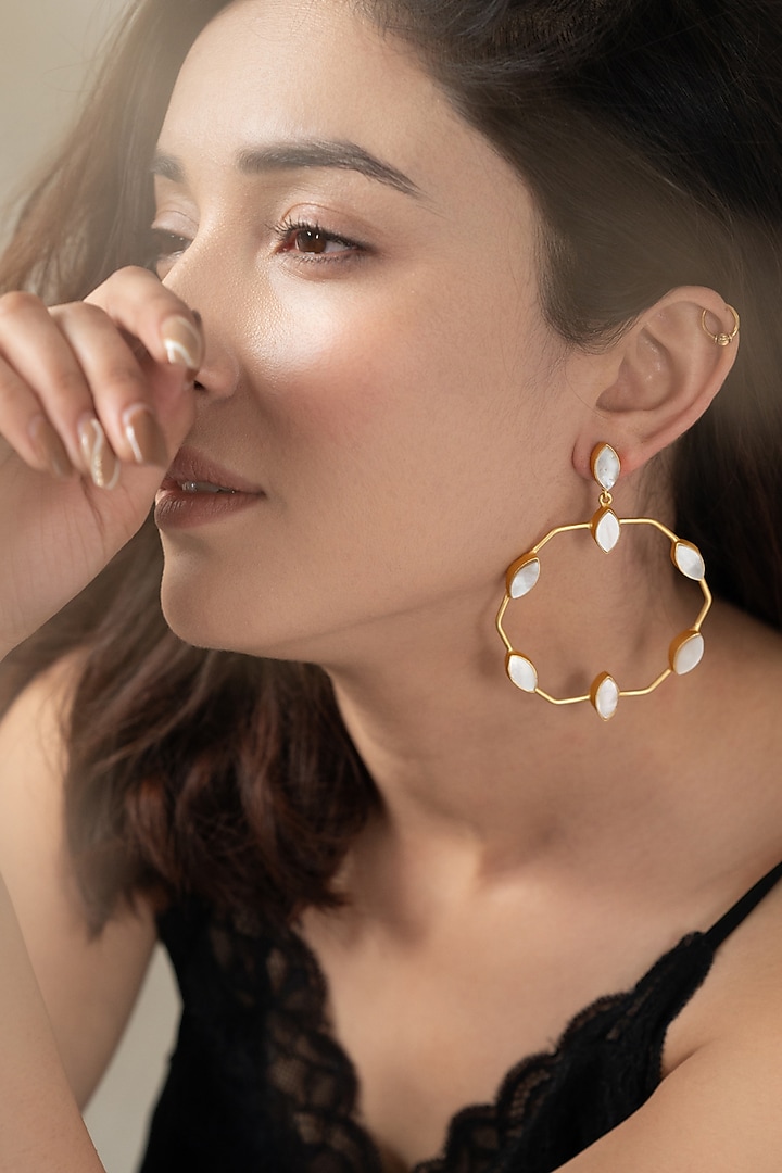 Gold Plated Mother Of Pearl Dangler Earrings by Do Taara at Pernia's Pop Up Shop