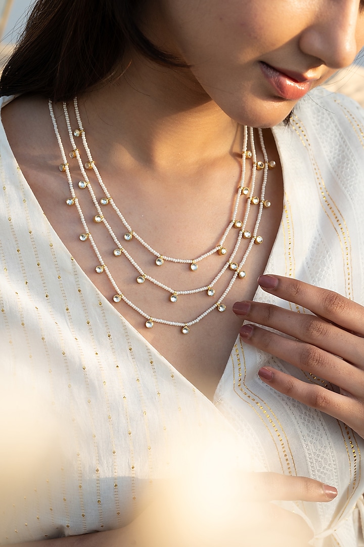 Gold Plated Kundan Polki & Pearl Layered Necklace by Do Taara at Pernia's Pop Up Shop