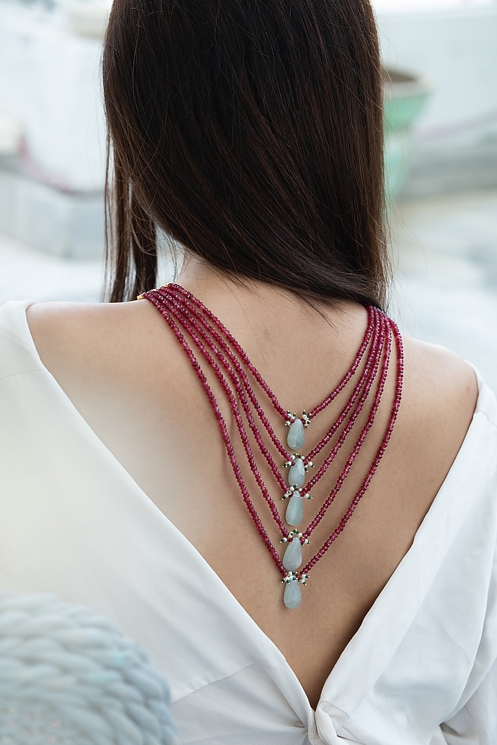 Gold Plated Red Onyx & Natural Stone Layered Necklace by Do Taara at Pernia's Pop Up Shop