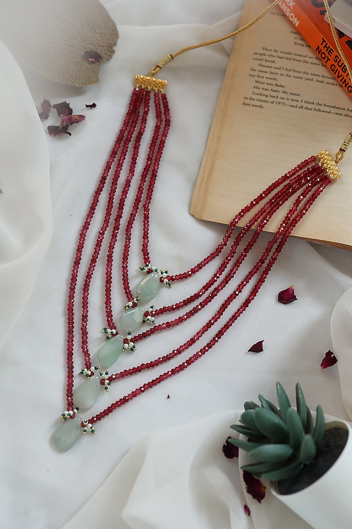 Gold Plated Red Onyx & Natural Stone Layered Necklace by Do Taara at Pernia's Pop Up Shop