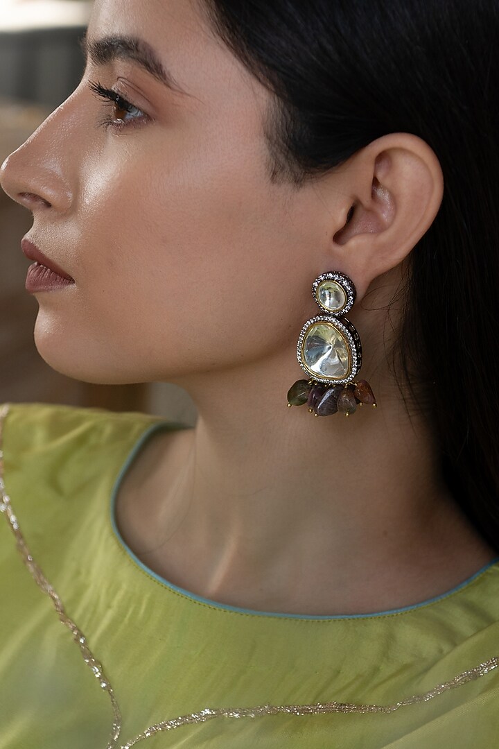 Gold Plated Kundan Polki & Stone Dangler Earrings by Do Taara at Pernia's Pop Up Shop