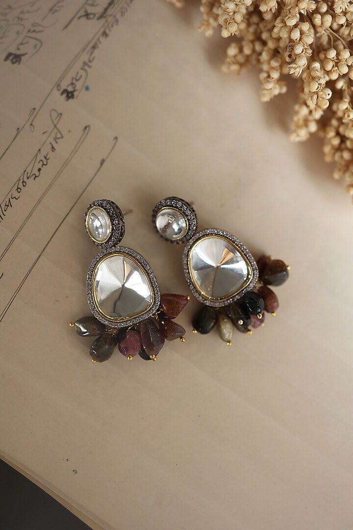Gold Plated Kundan Polki & Stone Dangler Earrings by Do Taara at Pernia's Pop Up Shop