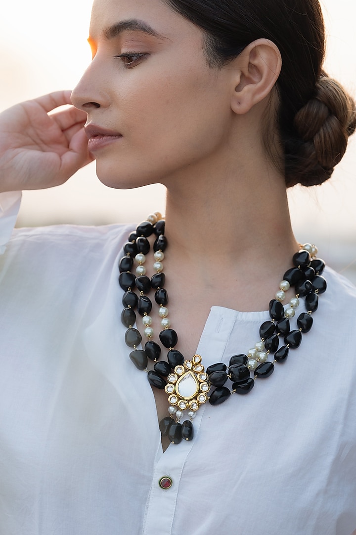 Gold Plated Kundan Polki & Pearl Necklace by Do Taara at Pernia's Pop Up Shop