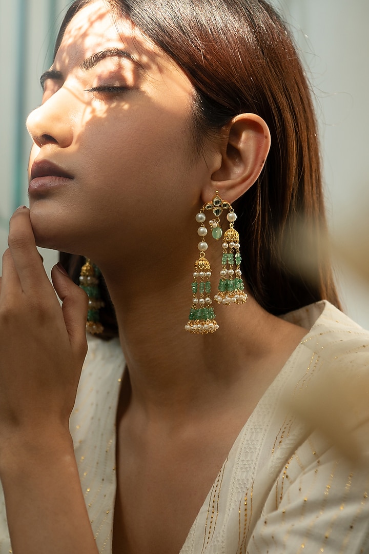 Gold Plated Kundan Polki & Pearl Dangler Earrings by Do Taara at Pernia's Pop Up Shop