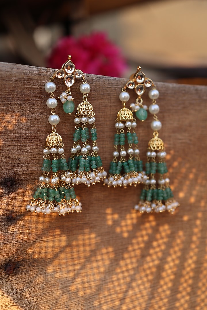Gold Plated Kundan Polki & Pearl Dangler Earrings by Do Taara at Pernia's Pop Up Shop