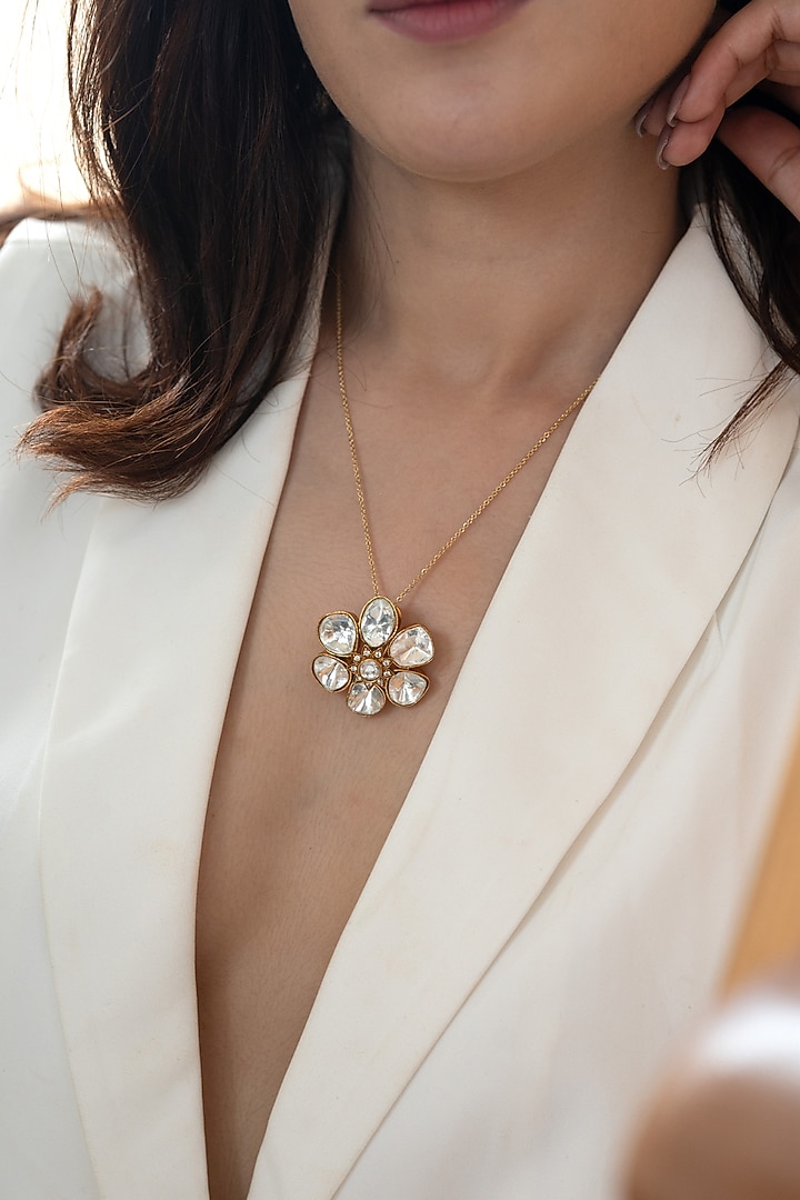 Gold Plated Kundan Polki Floral Pendant Necklace by Do Taara at Pernia's Pop Up Shop